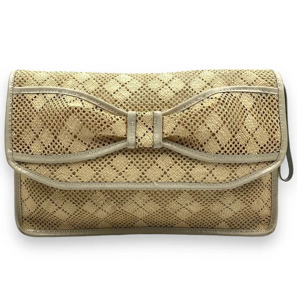 1970's large bow raffia straw and leather wristlet bag - Picture 3 of 13